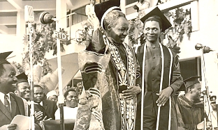 Mwalimu at a past graduation ceremony at the University of Dar es Salaam. On his left Pius Msekwa