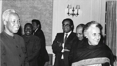 Long Live the Friendship - Julius Nyerere with Indira Gandhi, at a dinner hosted by her, New Delhi, 22 February 1982; also seen are Salim Ahmed Salim, and P.V. Narsimha Rao, then External Affairs Minister of India (later Prime Minister)