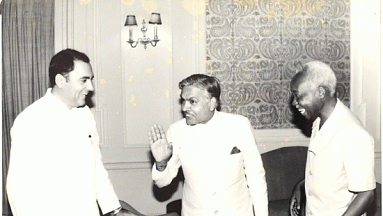 'This is The Way' - Julius Nyerere with Rajiv Gandhi, Prime Minister of India, and K.Natvar Singh, then Minister of State  for External Affairs of India, New Delhi, during a visit, 24-28 August 1985.